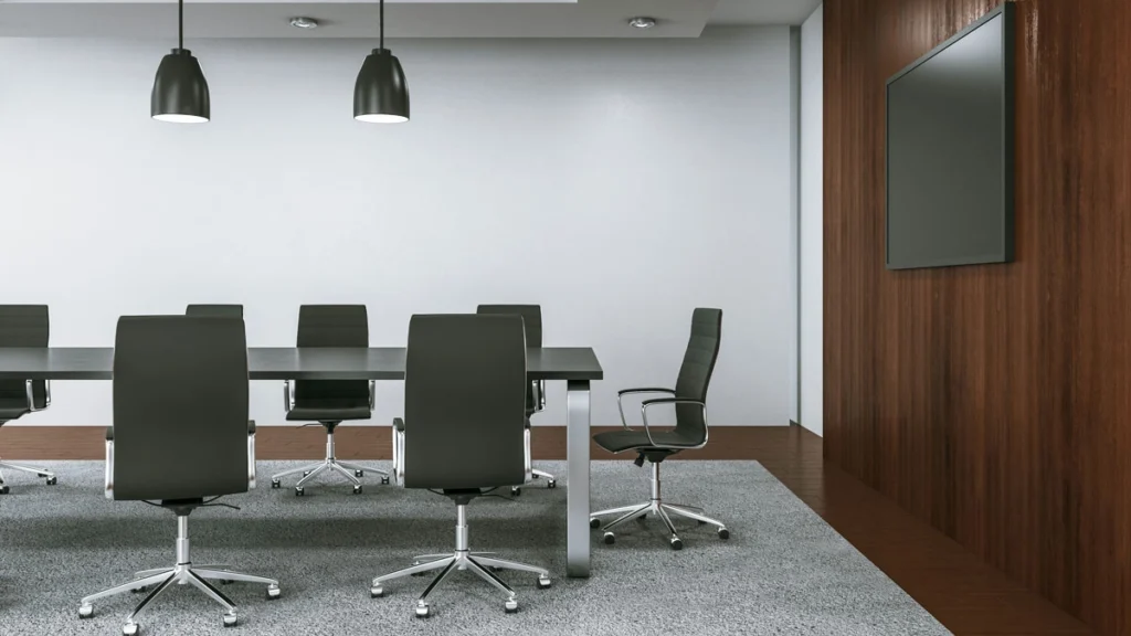 Luxury meeting room interior with blank tv screen on wooden wall. Workplace and company concept. 3D Rendering