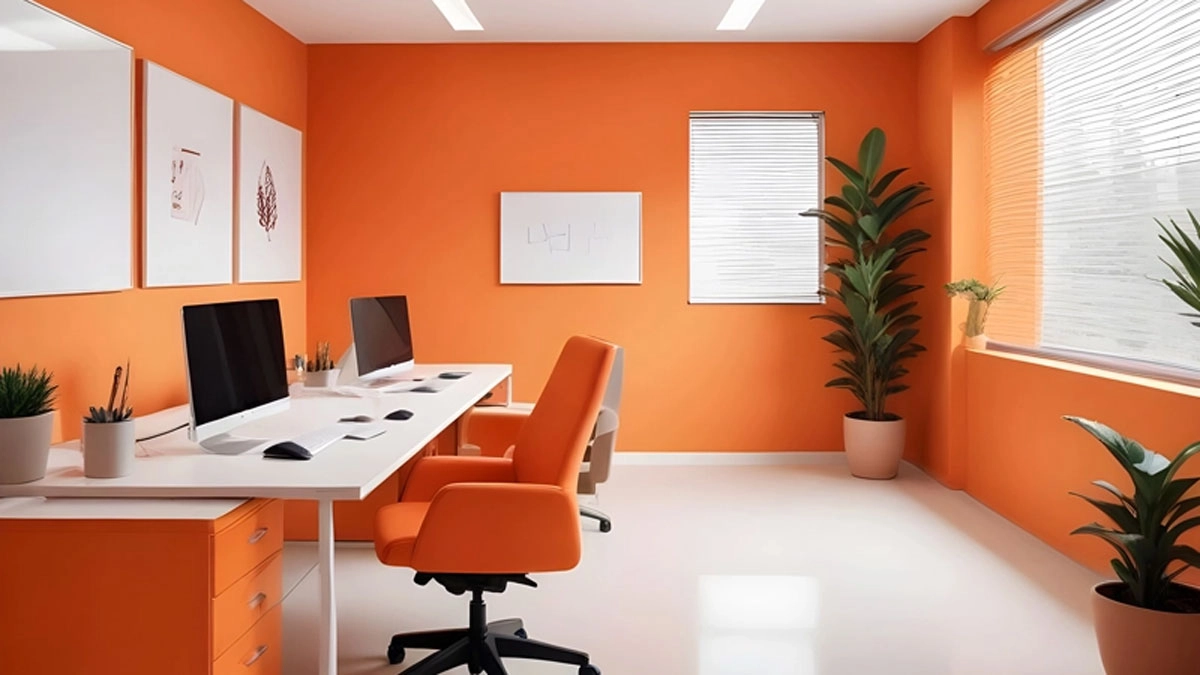 An office featuring vibrant orange walls and sleek white furniture, creating a modern and inviting workspace.