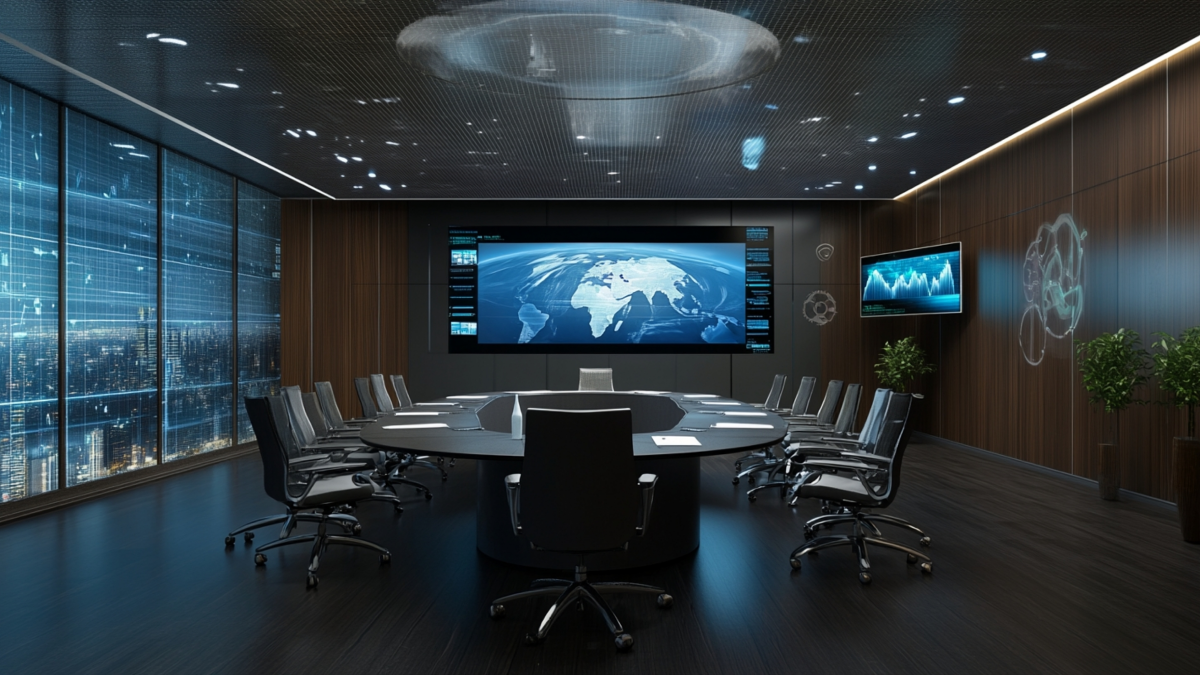 Modern conference room with a large screen displaying a world map and various data visualizations.